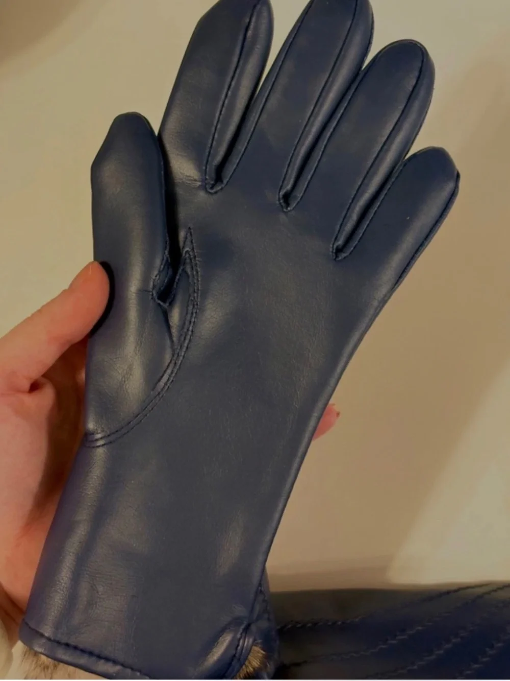 Vintage Ladies Gloves Navy Montgomery Ward Rabbit Fur Lined Vinyl NWT Sz M Retro